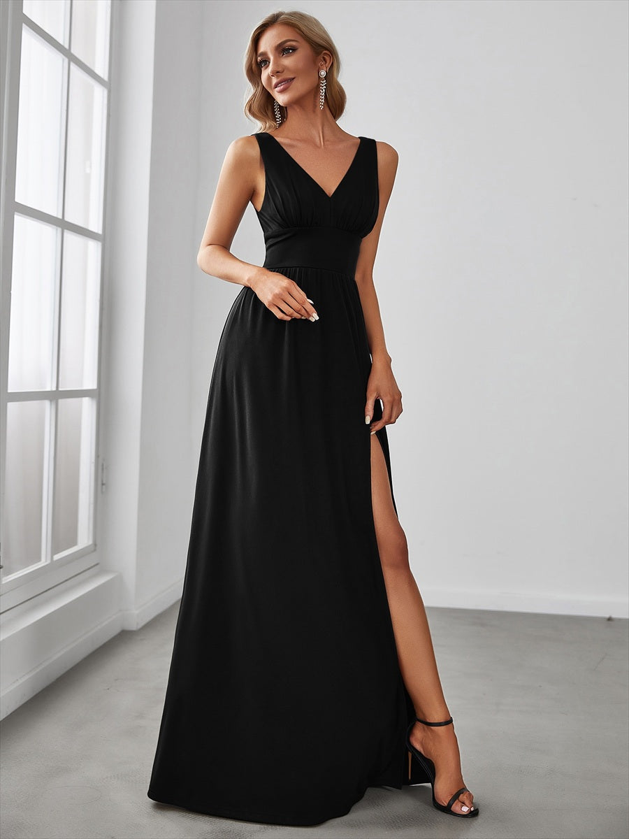 Robe de soir??e longue au sol ?? taille empire et ?? encolure en V #Couleur_Noir