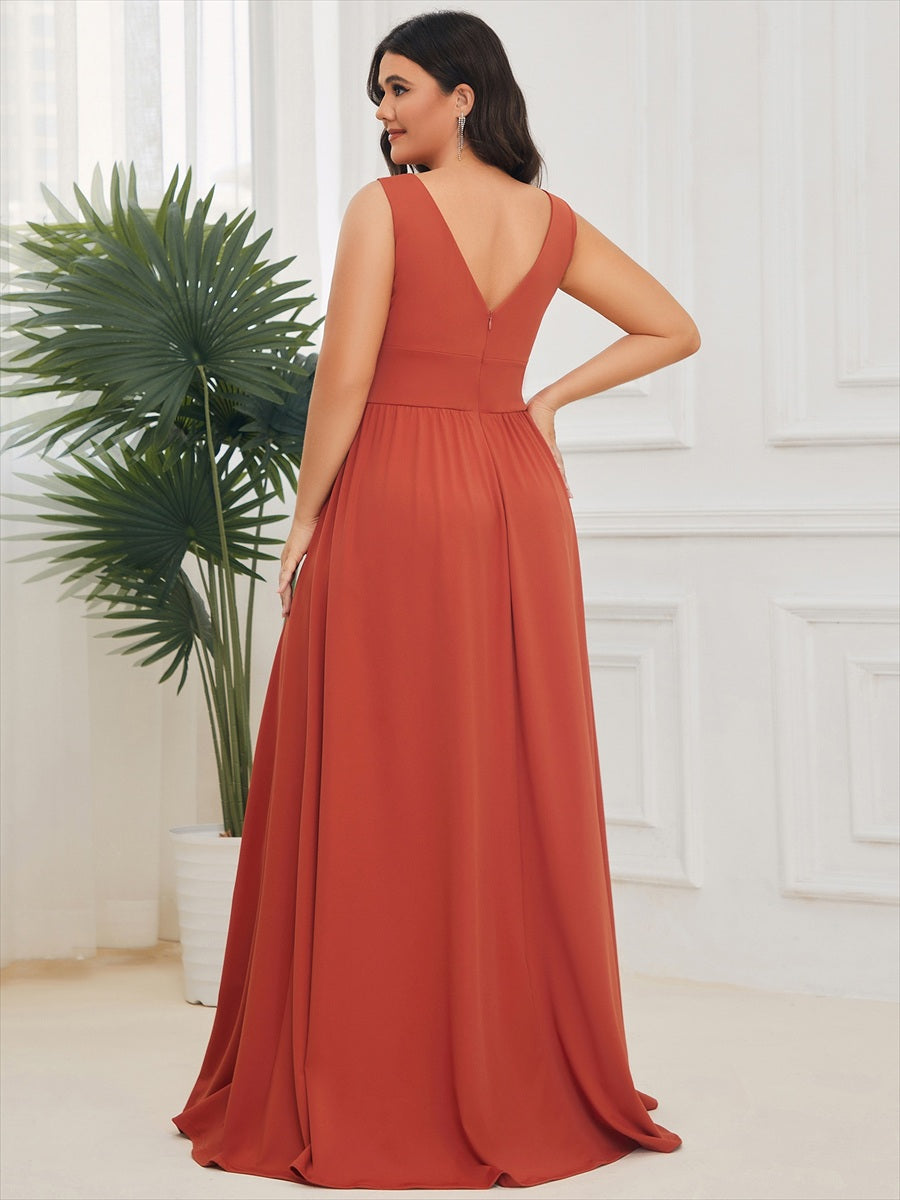 Robe de Bal Grande Taille Sans Manches Col en V Taille Empire Fendue au Sol #Couleur_Burnt Orange