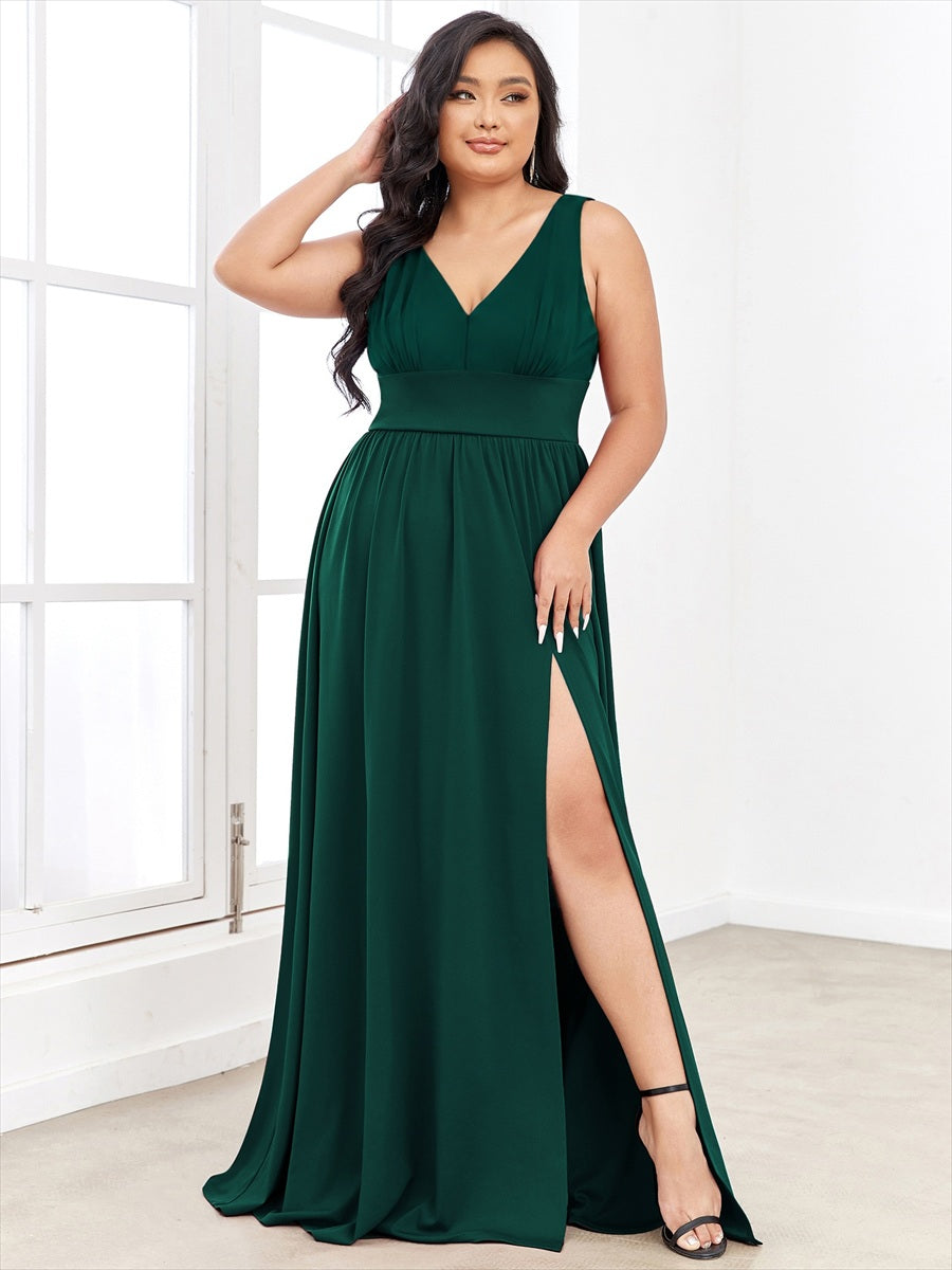 Robe de soir??e longue au sol ?? taille empire et ?? encolure en V #Couleur_Vert Fonce