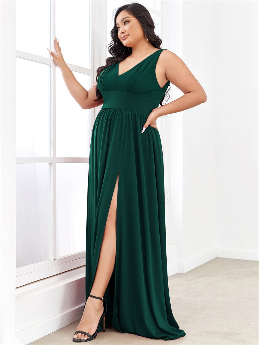 Robe de soir??e longue au sol ?? taille empire et ?? encolure en V #Couleur_Vert Fonce