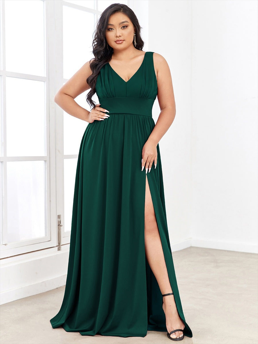 Robe de Soirée Grande Taille Sans Manches Col en V Taille Empire Fendue au Sol #Couleur_Vert Fonce