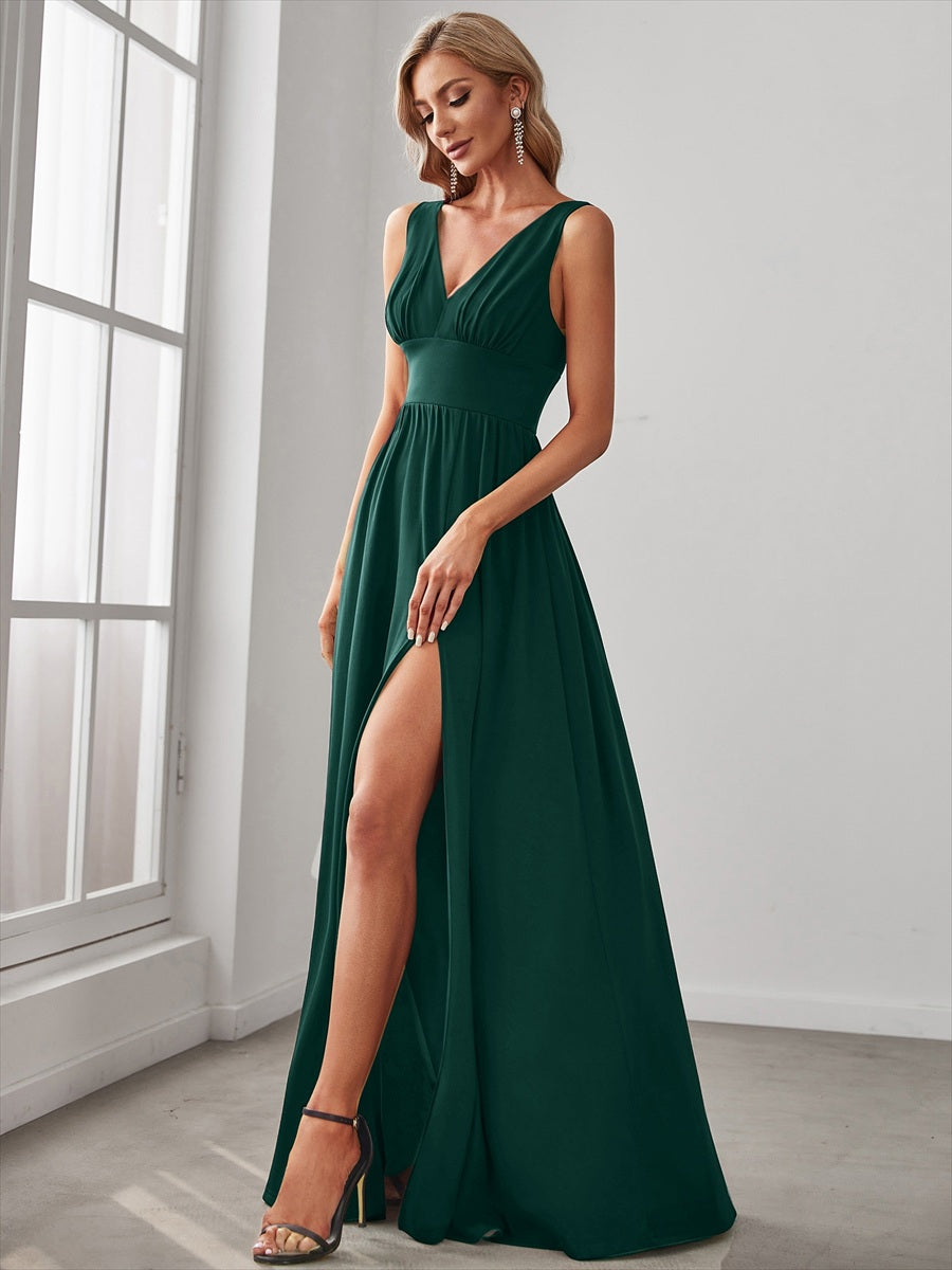 Robe de soir??e longue au sol ?? taille empire et ?? encolure en V #Couleur_Vert Fonce