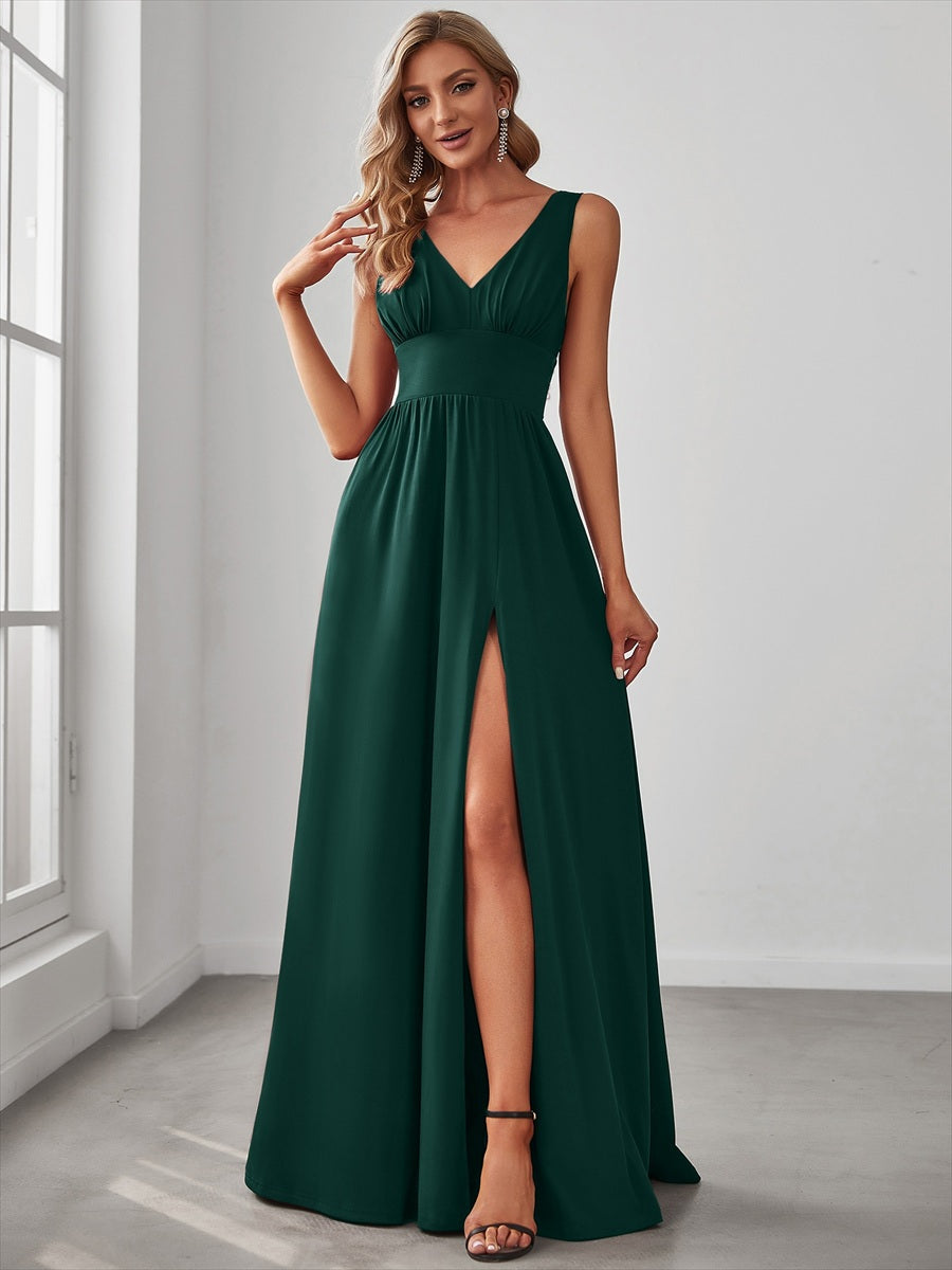 Robe de soir??e longue au sol ?? taille empire et ?? encolure en V #Couleur_Vert Fonce