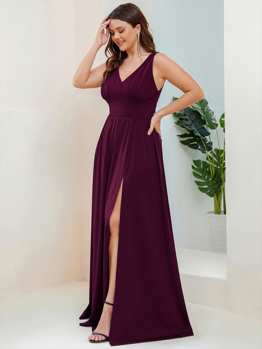Robe de soir??e longue au sol ?? taille empire et ?? encolure en V #Couleur_Pourpre