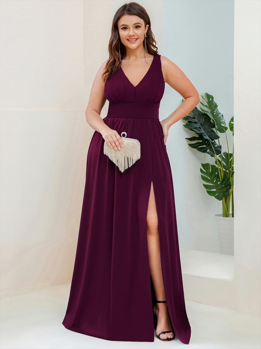 Robe de soir??e longue au sol ?? taille empire et ?? encolure en V #Couleur_Pourpre