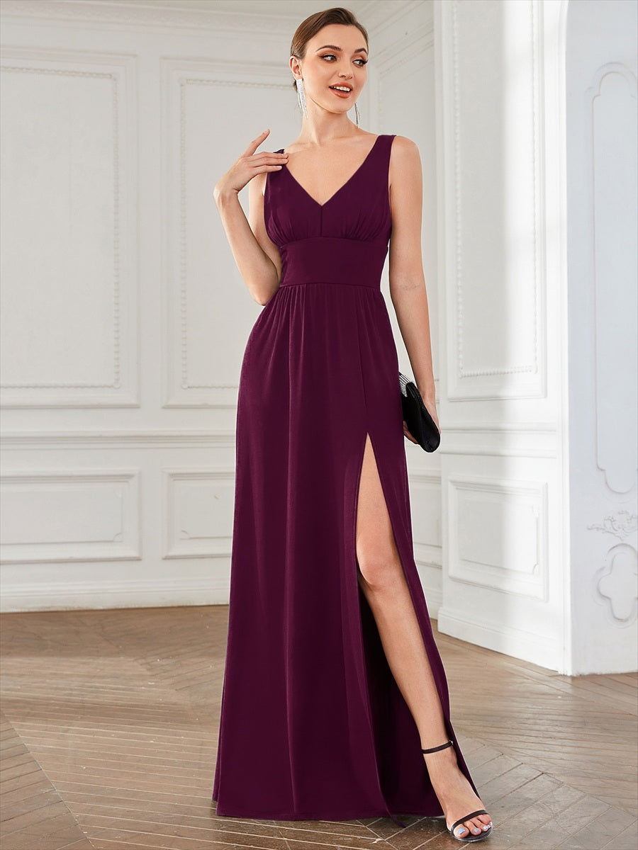 Robe de soir??e longue au sol ?? taille empire et ?? encolure en V #Couleur_Pourpre