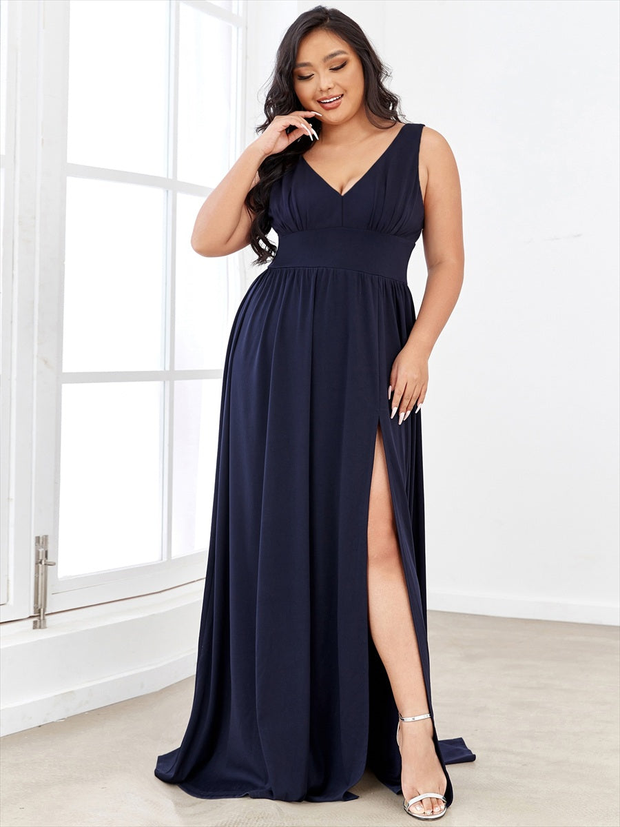 Robe de soir??e longue au sol ?? taille empire et ?? encolure en V #Couleur_Bleu Marine