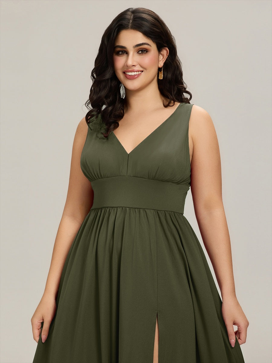 Robe de soir??e longue au sol ?? taille empire et ?? encolure en V #Couleur_Vert Olive