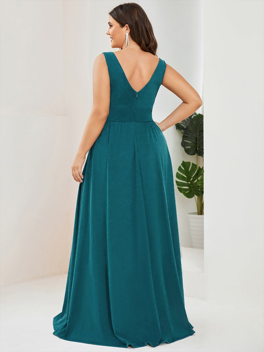 Robe de soir??e longue au sol ?? taille empire et ?? encolure en V #Couleur_Bleu Sarcelle