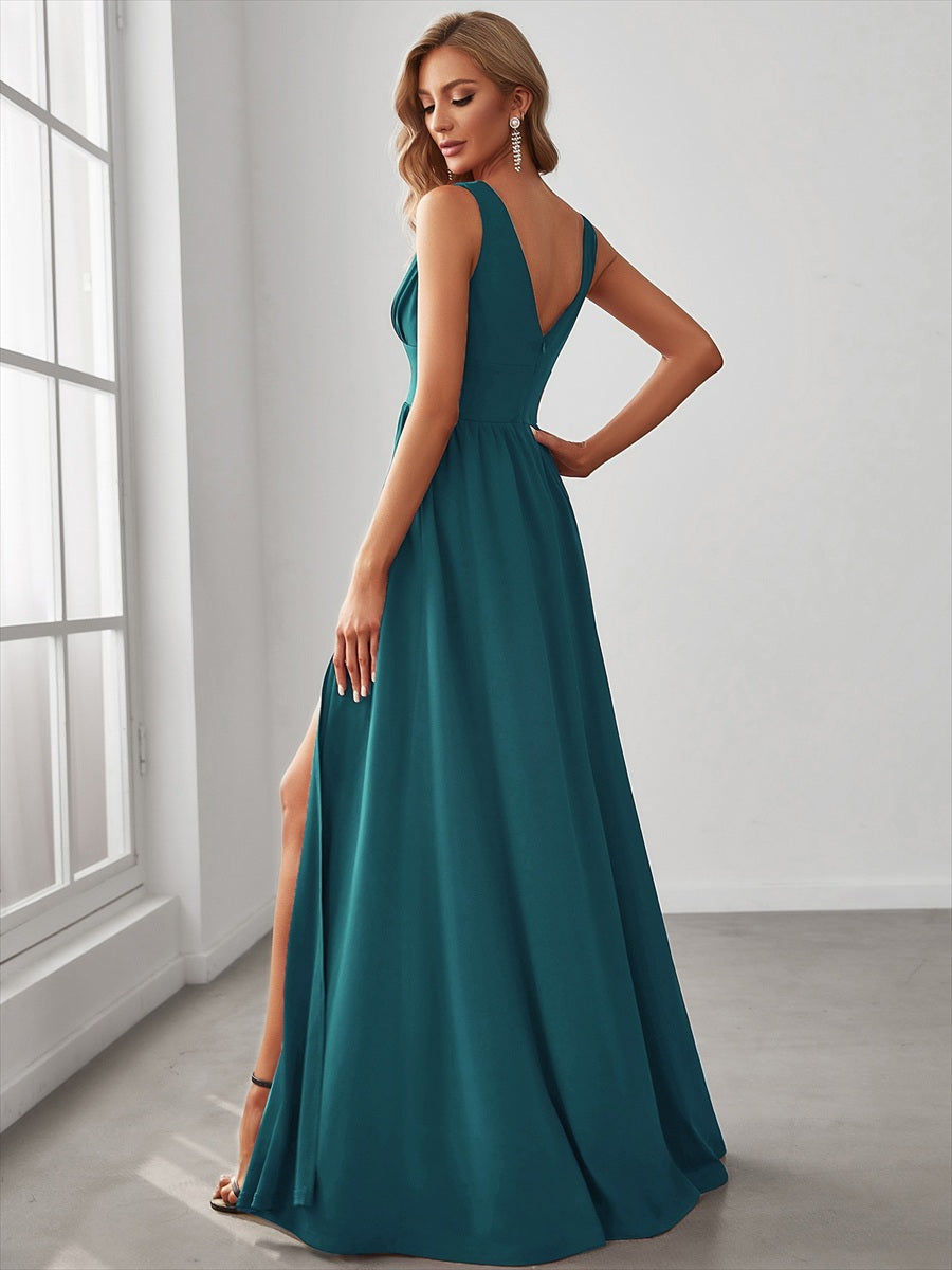 Robe de soir??e longue au sol ?? taille empire et ?? encolure en V #Couleur_Bleu Sarcelle