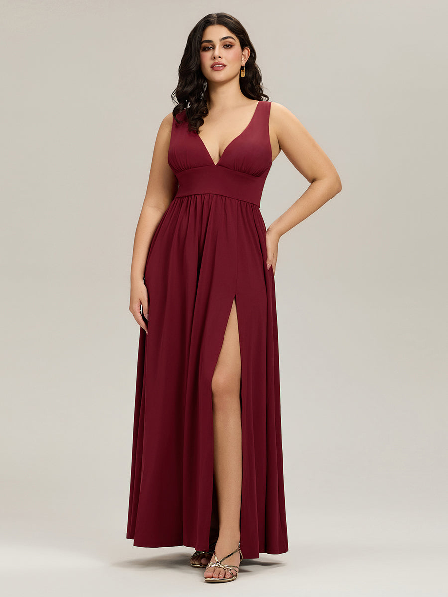 Robe de Bal Demoiselle d'Honneur longue au sol à taille empire et à encolure en V #Couleur_Bordeaux