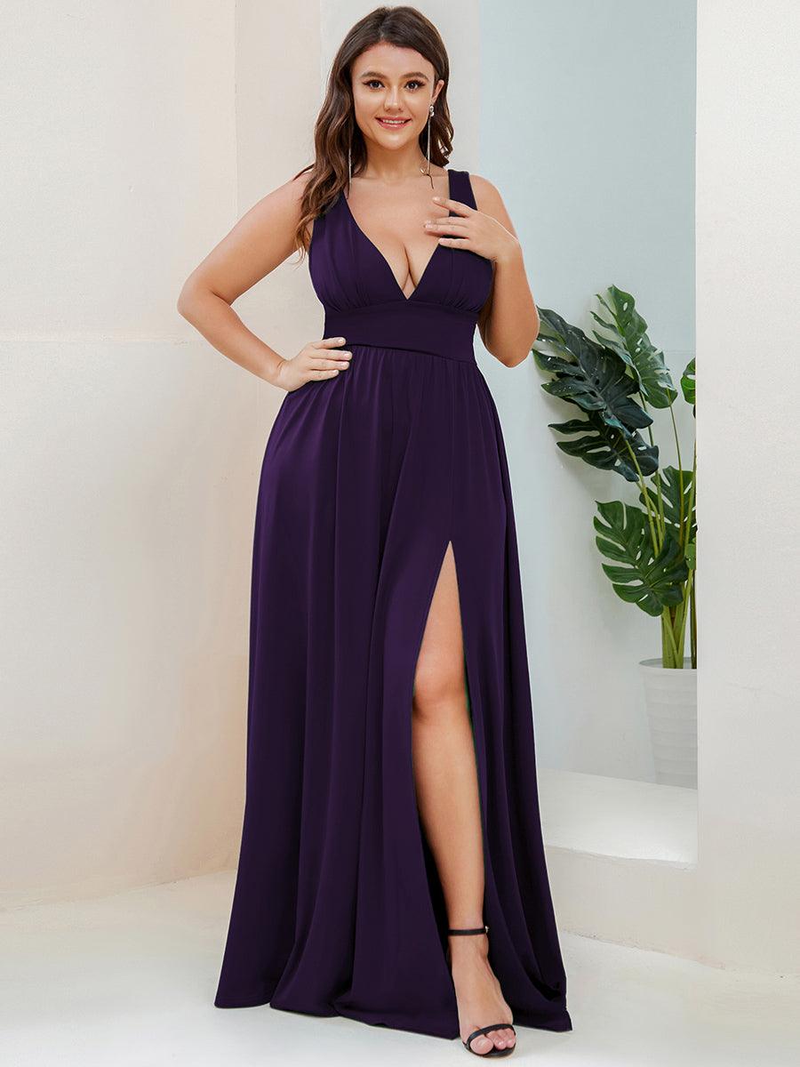 Robe de Soirée Grande Taille Sans Manches Col en V Taille Empire Fendue au Sol #Couleur_Violet Fonce