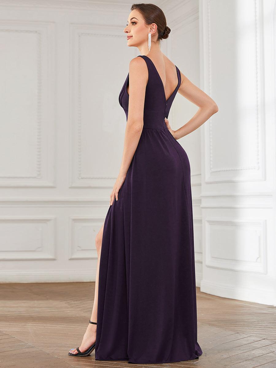 Robe de soir??e longue au sol ?? taille empire et ?? encolure en V #Couleur_Violet Fonce