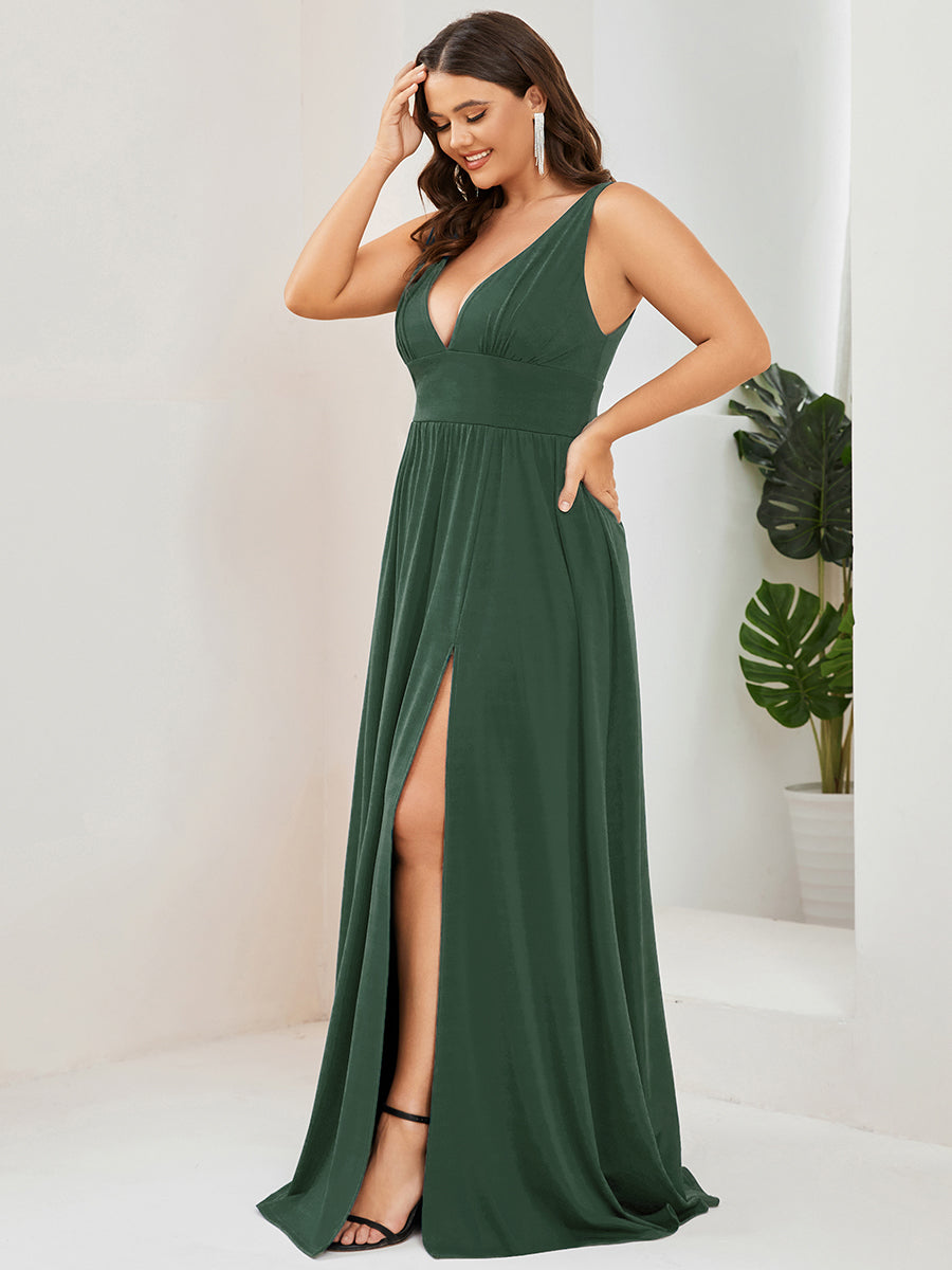 Robe de Bal Grande Taille Sans Manches Col en V Taille Empire Fendue au Sol #Couleur_Eukalyptus Grün