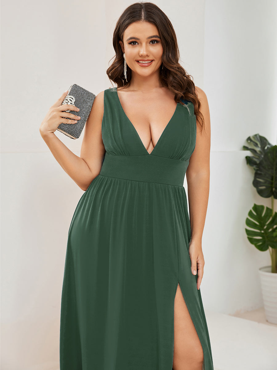 Robe de Bal Grande Taille Sans Manches Col en V Taille Empire Fendue au Sol #Couleur_Eukalyptus Grün