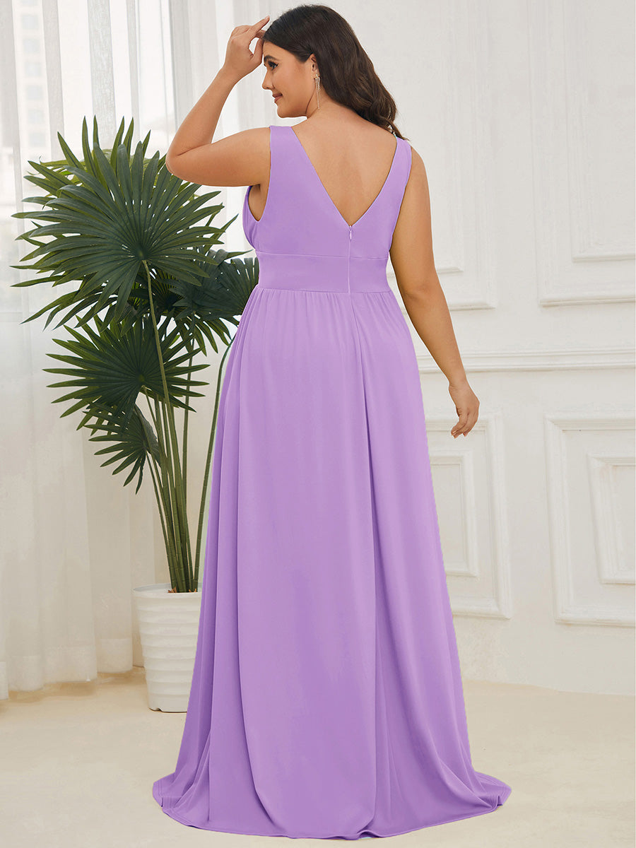 Robe de Bal Grande Taille Sans Manches Col en V Taille Empire Fendue au Sol #Couleur_Lavande