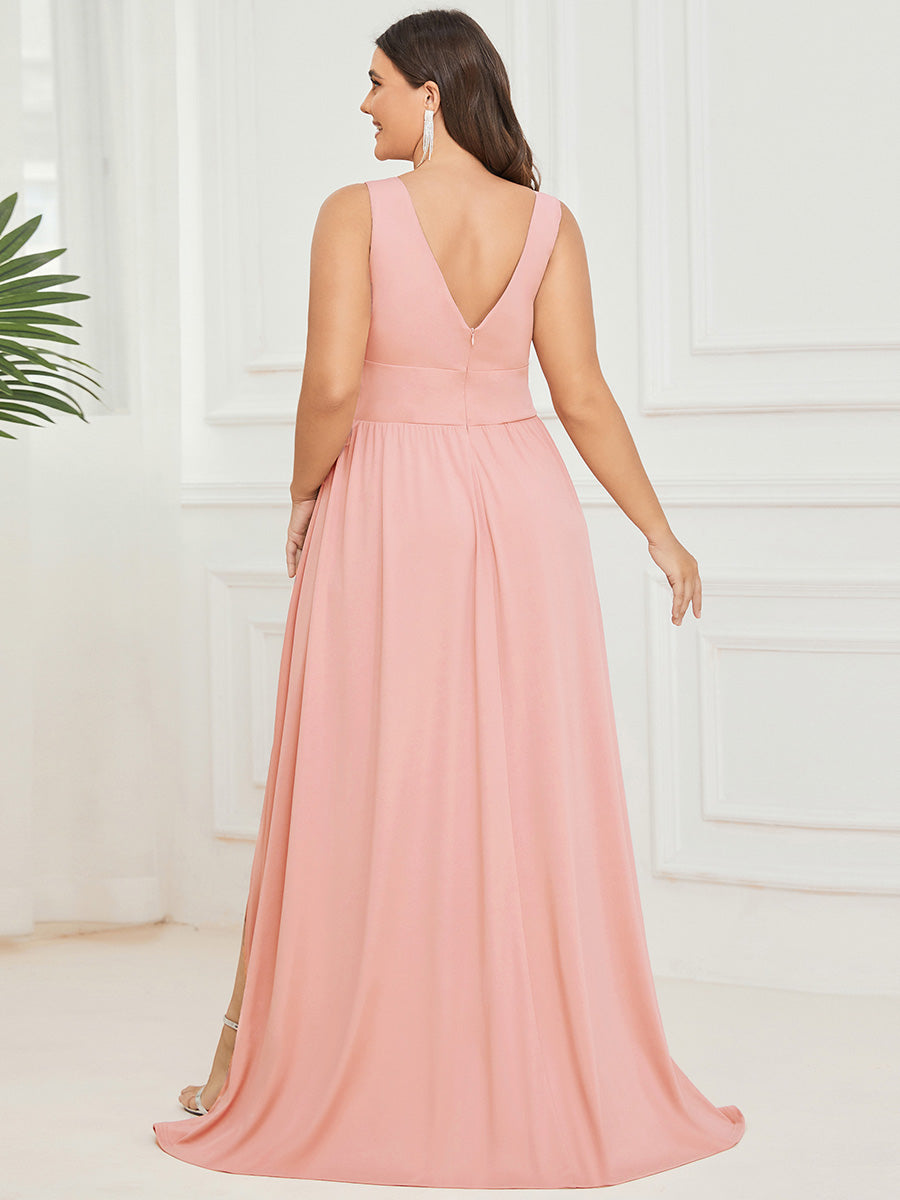 Robe de Bal Demoiselle d'Honneur longue au sol à taille empire et à encolure en V #Couleur_Rose