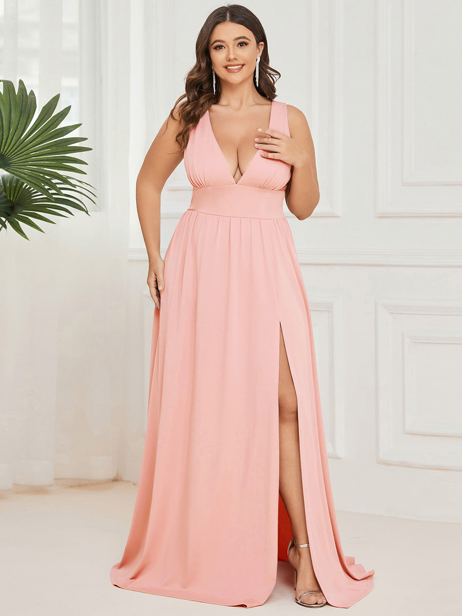 Robe de Bal Grande Taille Sans Manches Col en V Taille Empire Fendue au Sol #Couleur_Rose