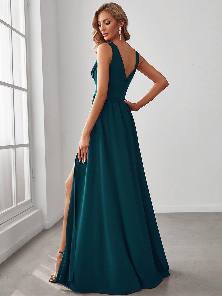 Robe de soir??e longue au sol ?? taille empire et ?? encolure en V #Couleur_Bleu Sarcelle