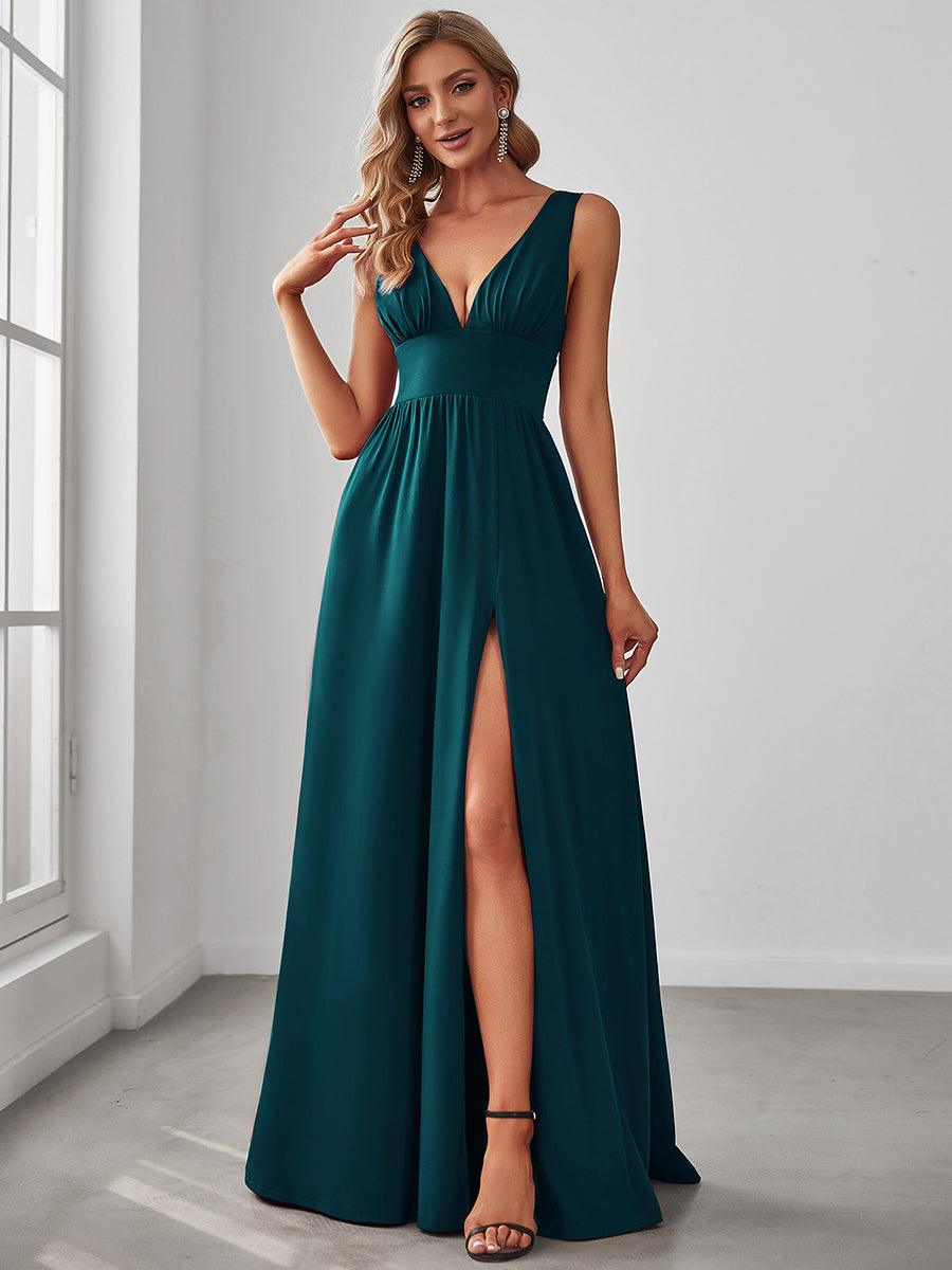 Robe de soir??e longue au sol ?? taille empire et ?? encolure en V #Couleur_Bleu Sarcelle