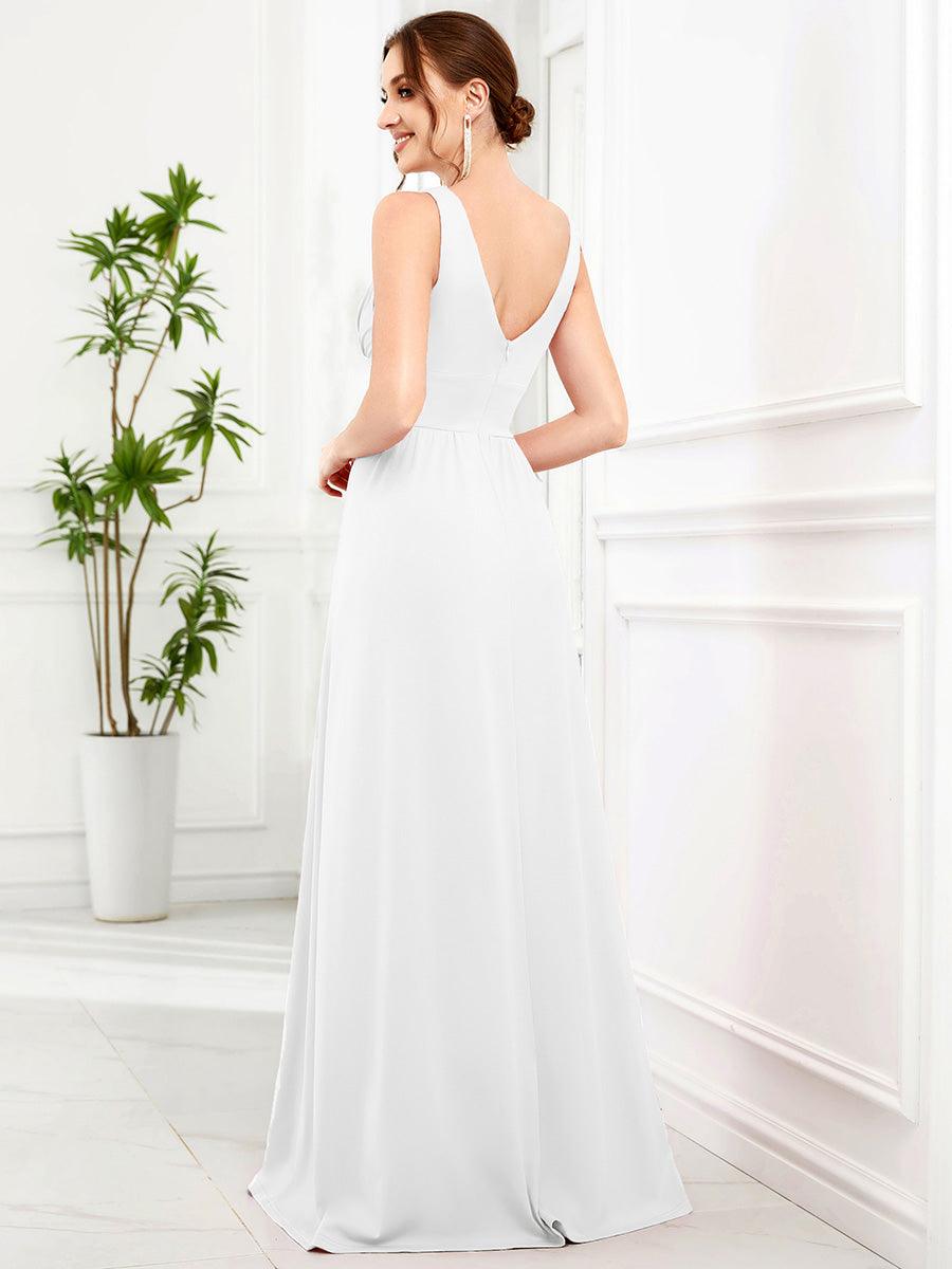 Robe de soir??e longue au sol ?? taille empire et ?? encolure en V #Couleur_Blanc