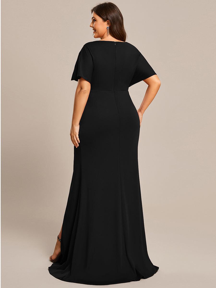 Robe de Soirée Haute Fendue à Manches Paillettes de Grande Taille #Couleur_Bordeaux Robe de Soirée Haute Fendue à Manches Paillettes de Grande Taille