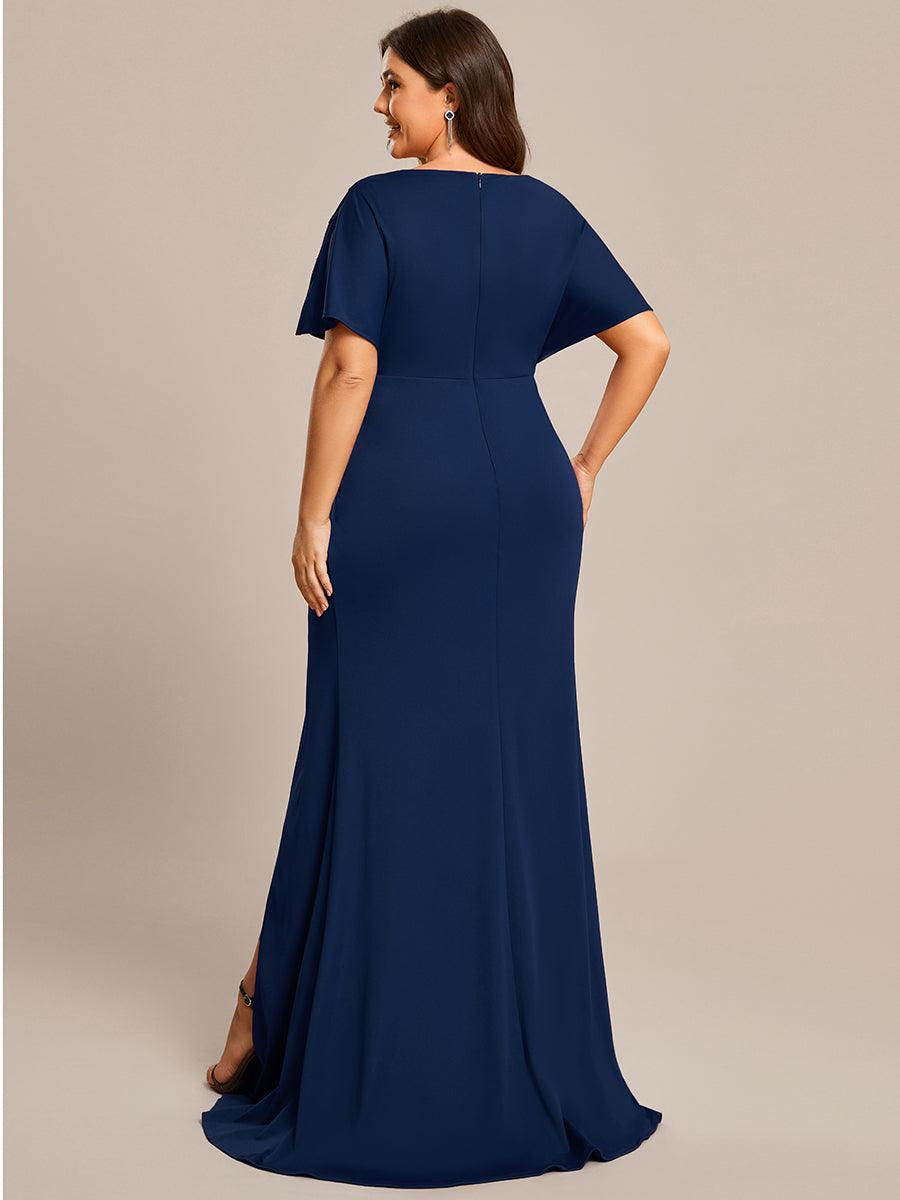 Robe de Soirée Haute Fendue à Manches Paillettes de Grande Taille #Couleur_Bleu Marine