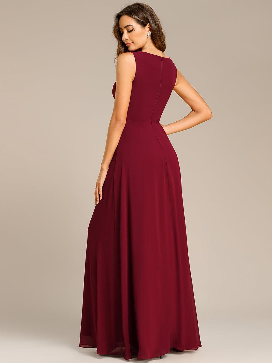 Robe de soirée longue sans manches en mousseline à appliqué floral #Couleur_Bordeaux