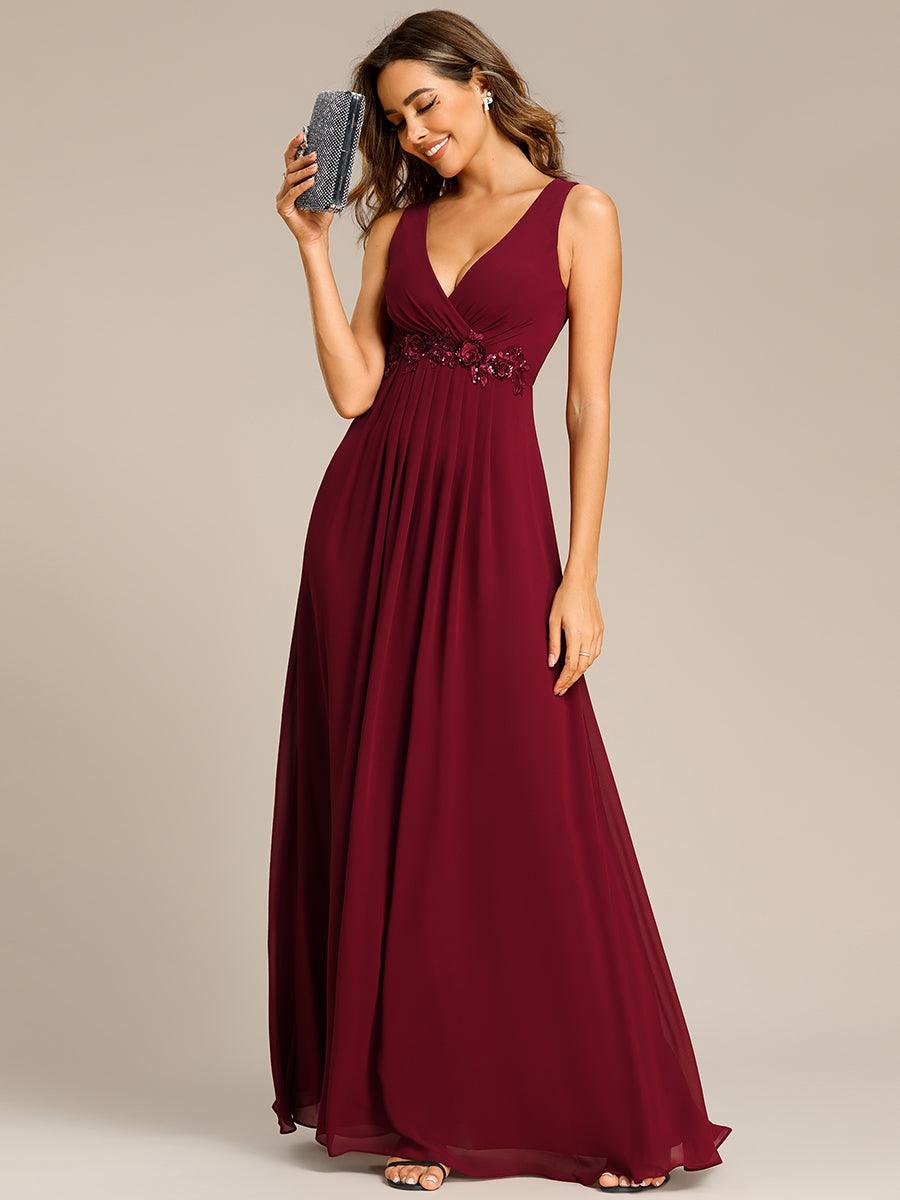 Robe de soirée longue sans manches en mousseline à appliqué floral #Couleur_Bordeaux
