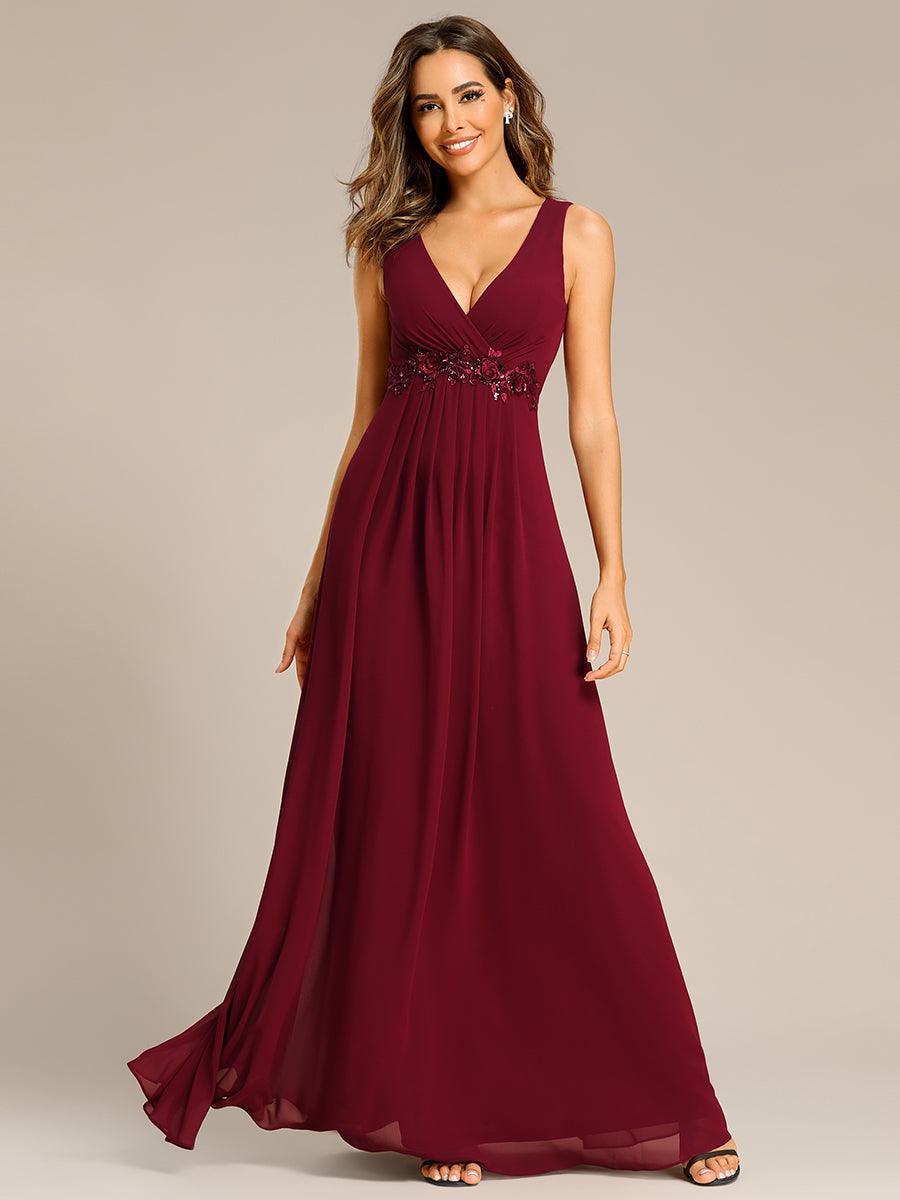 Robe de soirée longue sans manches en mousseline à appliqué floral #Couleur_Bordeaux