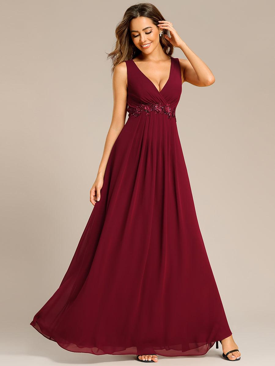 Robe de soirée longue sans manches en mousseline à appliqué floral #Couleur_Bordeaux