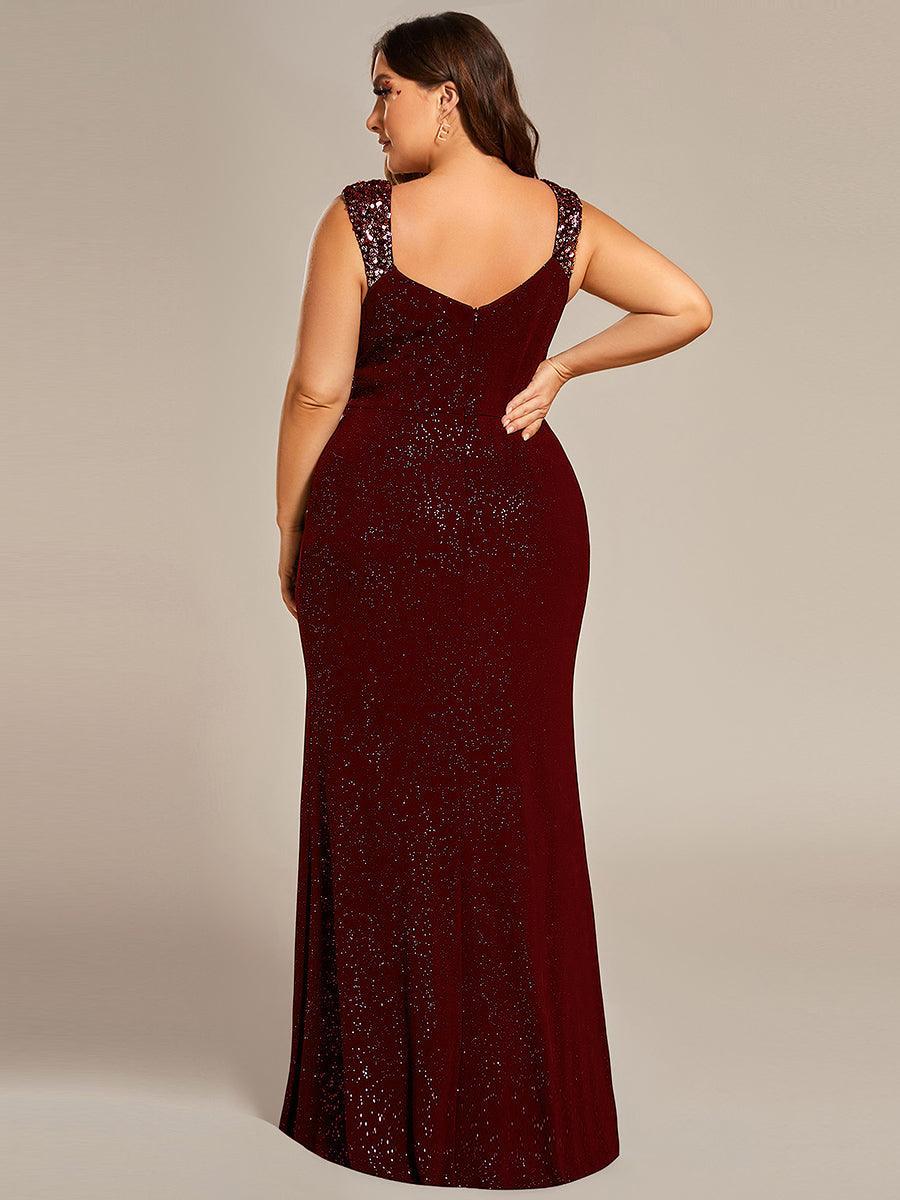 Robe de soirée élégante à col en V à sequins de grande taille #Couleur_Bordeaux