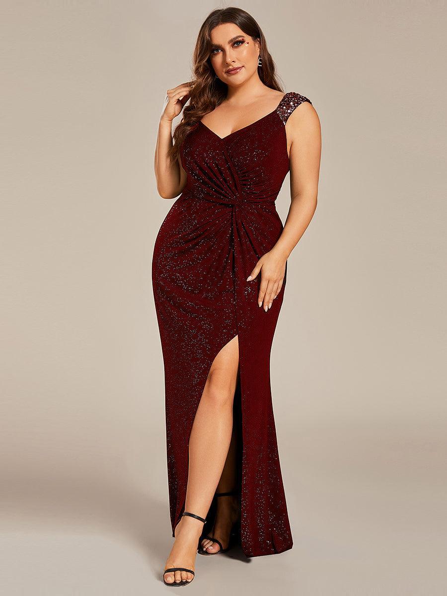 Robe de soirée élégante à col en V à sequins de grande taille #Couleur_Bordeaux