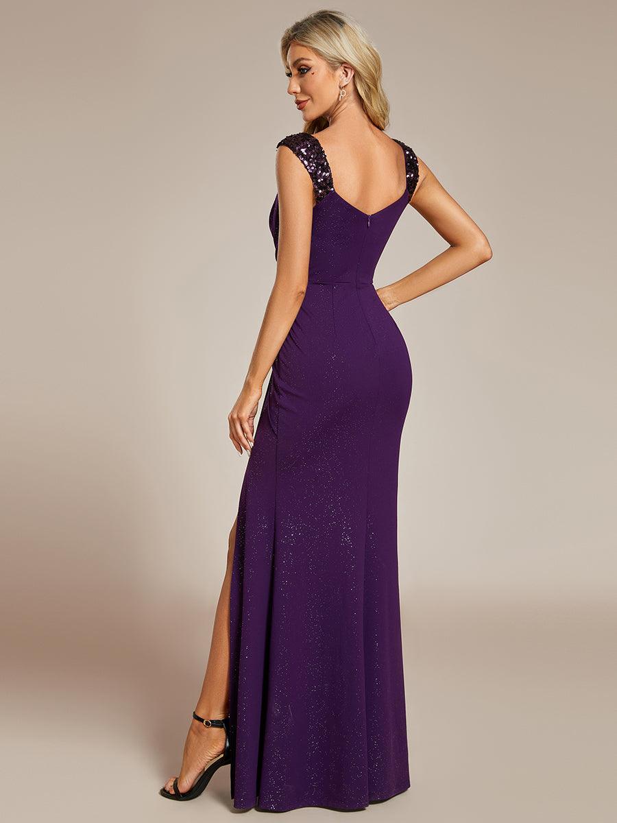 Robe de soirée élégante à paillettes et col en V #Couleur_Violet Fonce