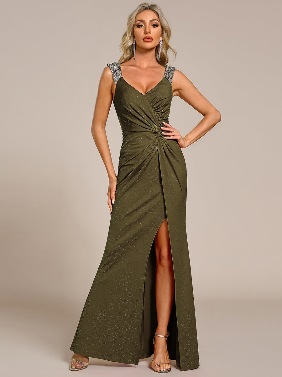 Robe de soirée élégante à paillettes et col en V #Couleur_Vert Olive