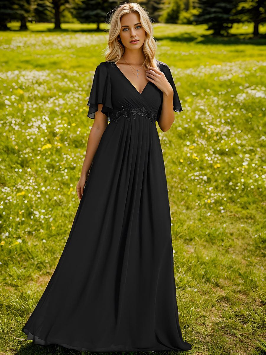 Robe de soirée élégante en mousseline de soie avec manches flottantes#Couleur_Noir