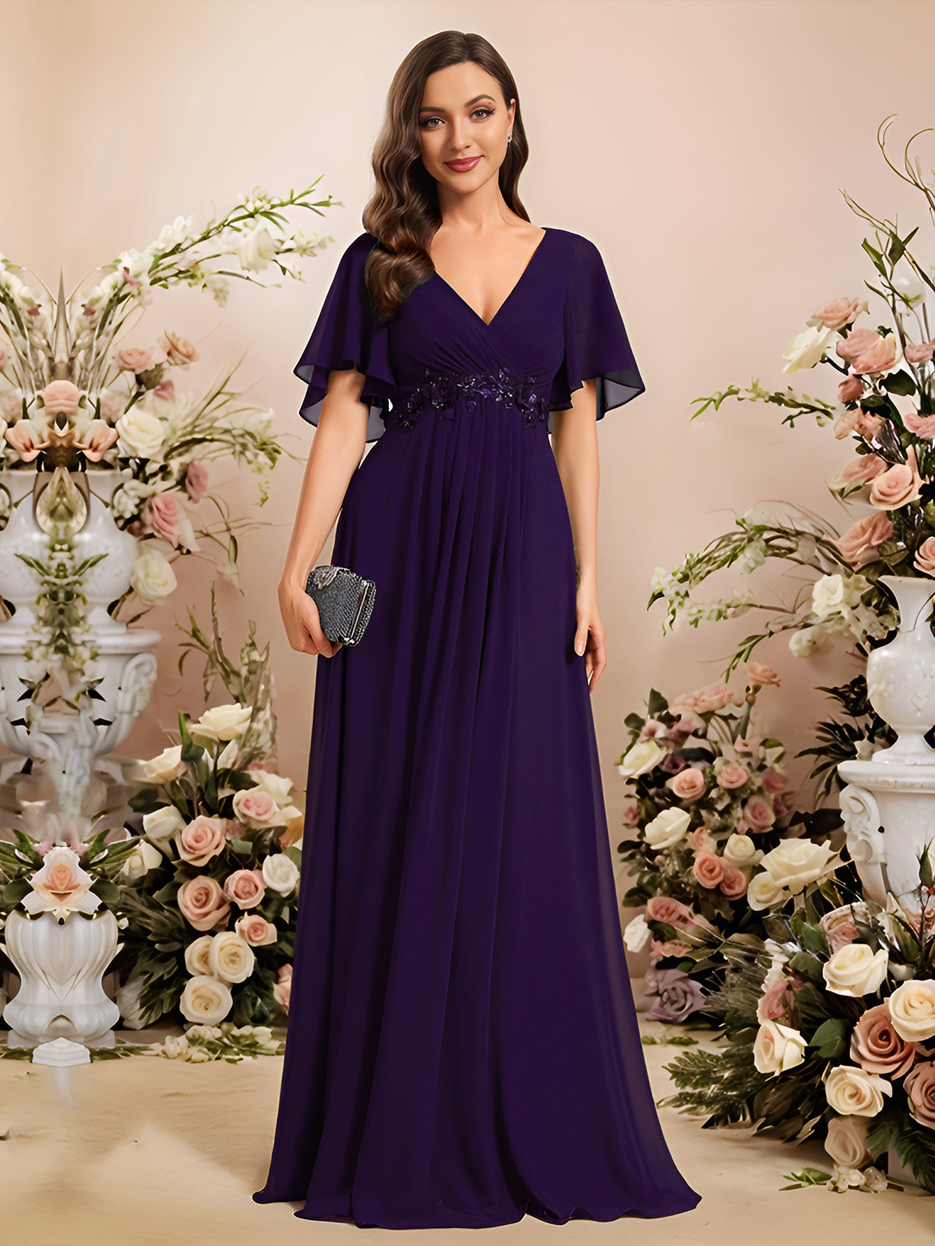 Robe de soirée élégante en mousseline de soie avec manches flottantes#Couleur_Violet Fonce