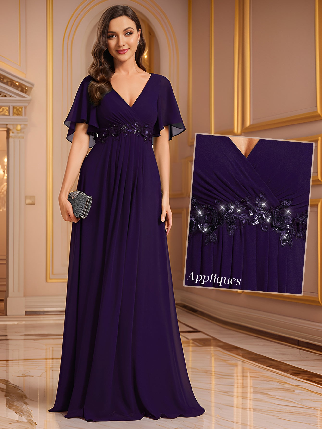 Robe de soirée élégante en mousseline de soie avec manches flottantes#Couleur_Violet Fonce