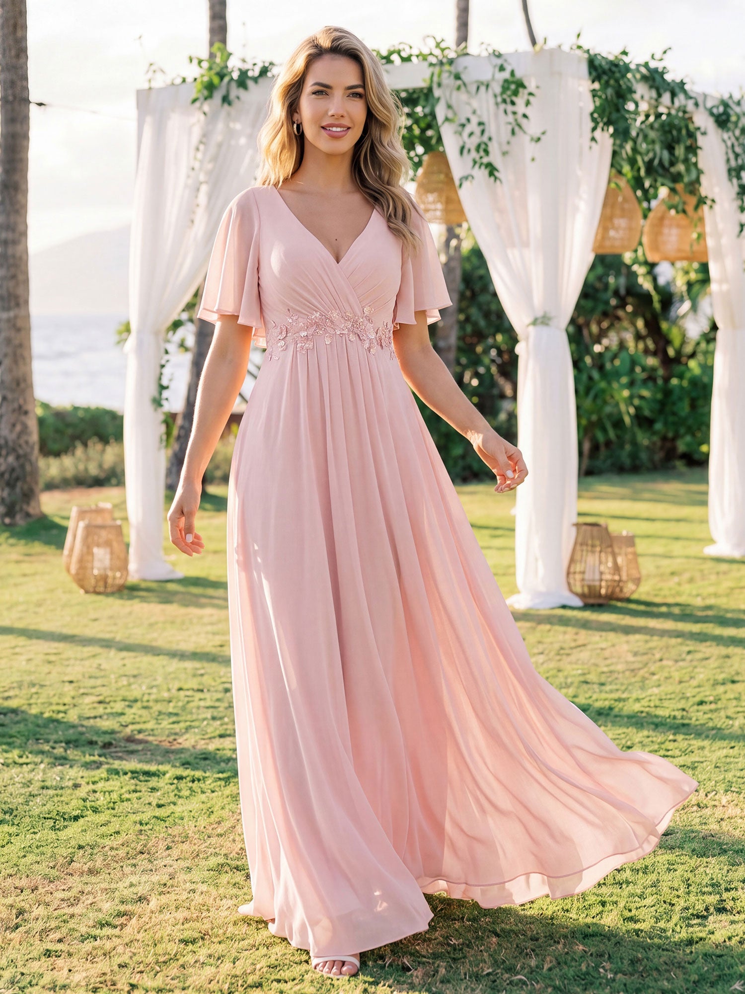 Robe de soirée élégante en mousseline de soie avec manches flottantes#Couleur_Rose