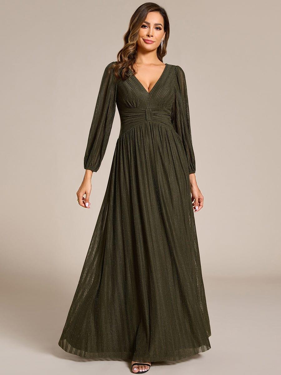 Robe de soirée trapèze à manches longues et taille empire scintillante #Couleur_Vert Olive