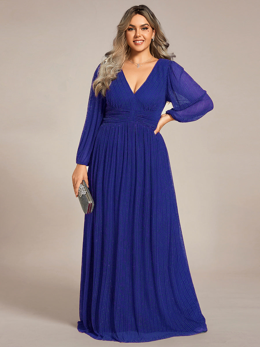 Robe de soirée trapèze à manches longues et taille empire scintillante #Couleur_Bleu Saphir
