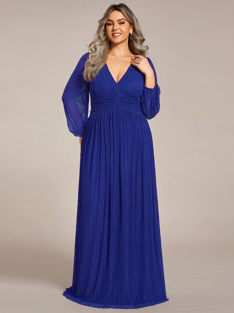 Robe de soirée trapèze à manches longues et taille empire scintillante #Couleur_Bleu Saphir