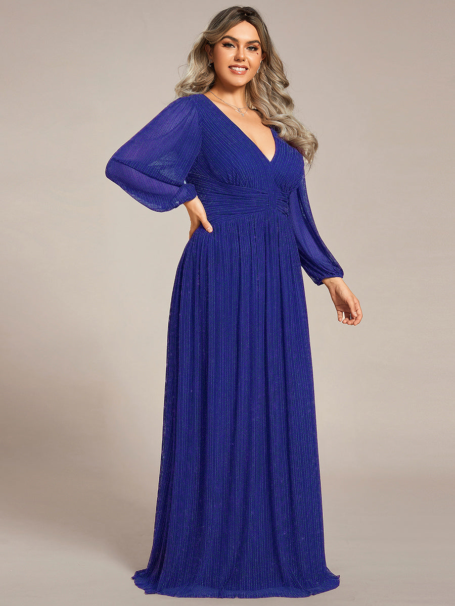 Robe de soirée trapèze à manches longues et taille empire scintillante #Couleur_Bleu Saphir