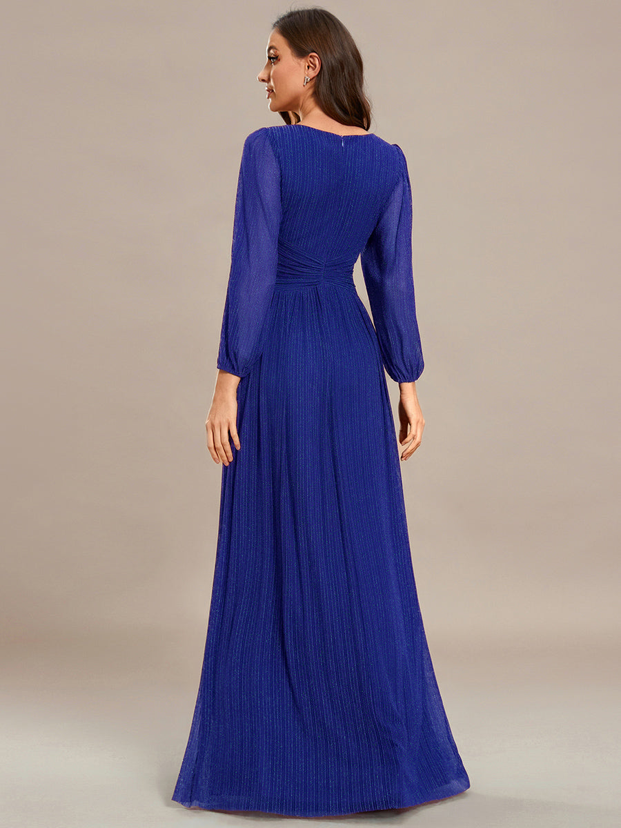 Robe de soirée trapèze à manches longues et taille empire scintillante #Couleur_Bleu Saphir