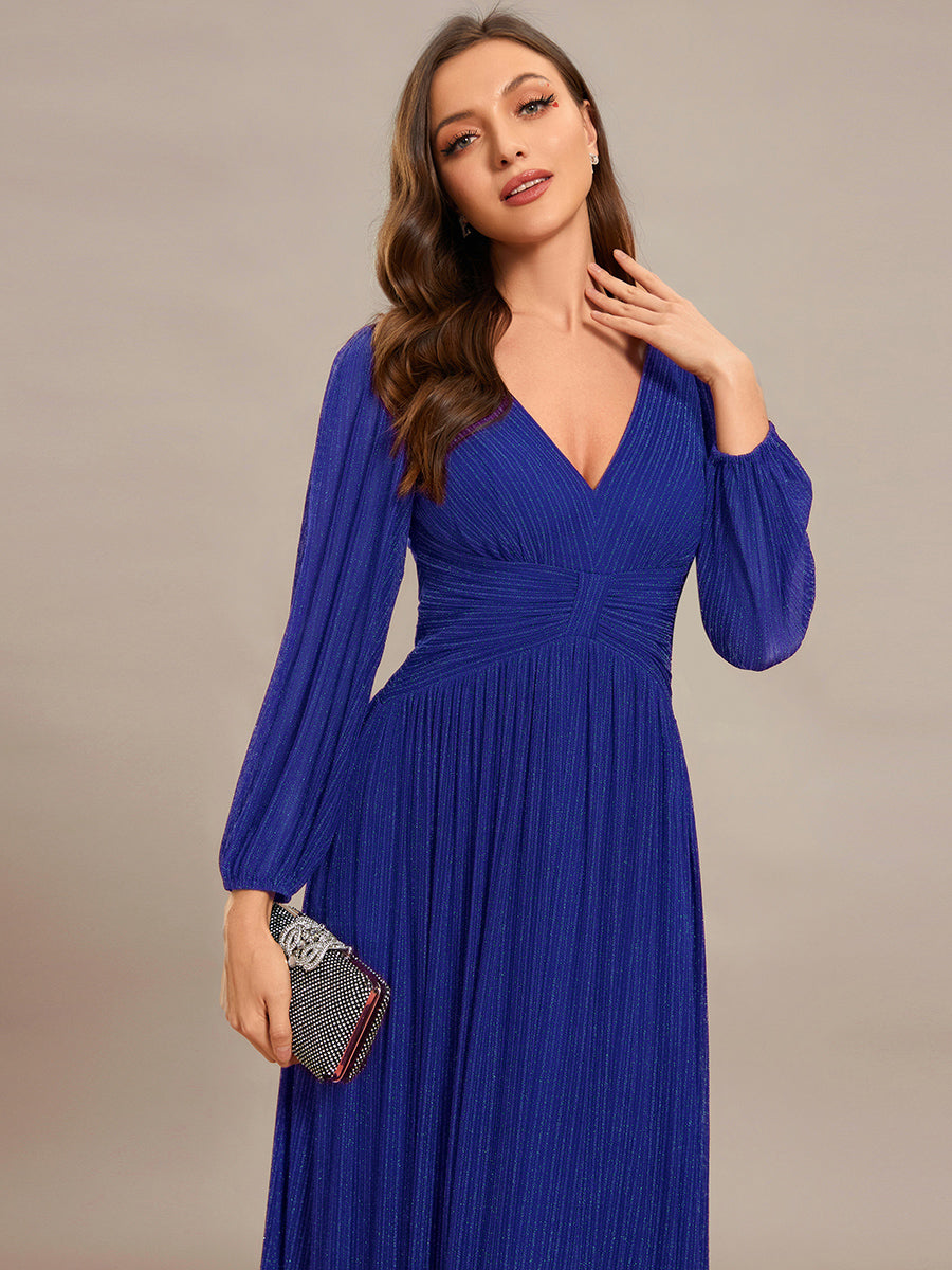 Robe de soirée trapèze à manches longues et taille empire scintillante #Couleur_Bleu Saphir
