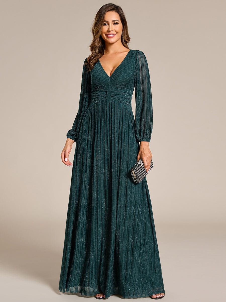 Robe de soirée trapèze à manches longues et taille empire scintillante #Couleur_Bleu Sarcelle
