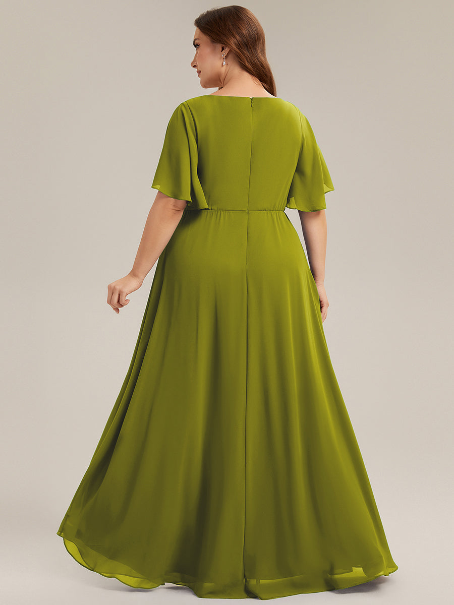 Robe longue à manches à volants décolleté en V profond avec appliques coupe évasée #Couleur_Citron