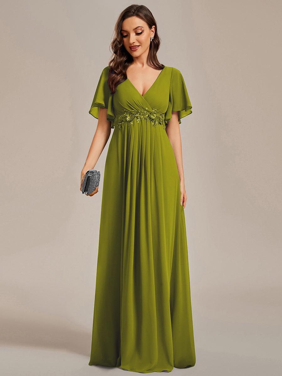 Robe longue à manches à volants décolleté en V profond avec appliques coupe évasée #Couleur_Citron