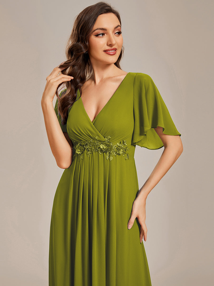 Robe longue à manches à volants décolleté en V profond avec appliques coupe évasée #Couleur_Citron