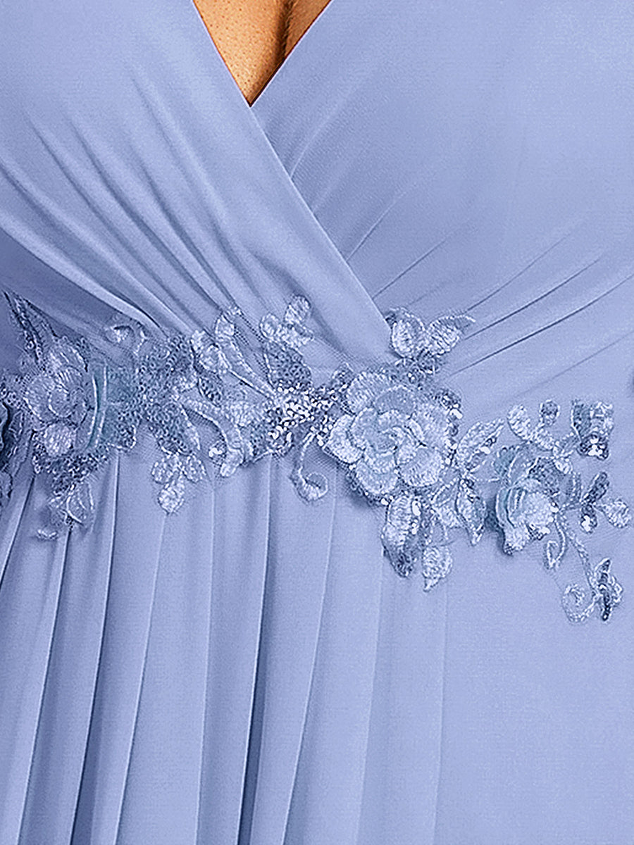 Robe longue à manches à volants décolleté en V profond avec appliques coupe évasée #Couleur_FB